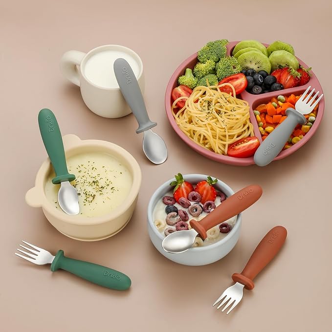 DRKIO 6 Pieces Toddler Utensils Set - Kids Silverware Set with Silicone Handle Children Safe 18/8 Stainless Steel Forks and Spoons Anti-Choke Design Food Grade Dishwasher Safe