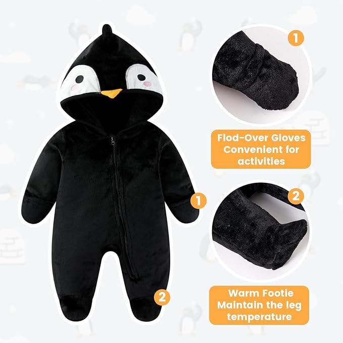 JiAmy Baby Snowsuit Baby Bear Hooded Onesie With Fold-Over Newborn Animals Fleece Outifts Thin Fall Winter Outfits