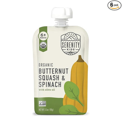 Serenity Kids 6+ Months Veggie Puree Baby Food Pouches - USDA Organic BPA-Free Allergen-Free Pouches - No Added Sugar Toddler Snack - Spinach & Squash Baby Puree - 3.5 Oz, Pack of 6