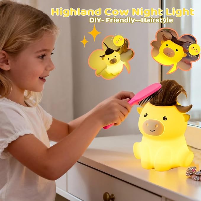 DREAMING MY DREAM Highland Cow Night Light,Cute Dimmable Farm Animal Highland Cattle Lamp,Soft Bedside Lamp for Nursery Bedroom,Decor Gifts for Adults Kids Boys Girls Christmas Gifts