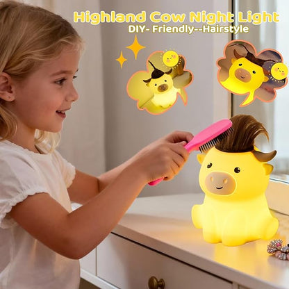 DREAMING MY DREAM Highland Cow Night Light,Cute Dimmable Farm Animal Highland Cattle Lamp,Soft Bedside Lamp for Nursery Bedroom,Decor Gifts for Adults Kids Boys Girls Christmas Gifts