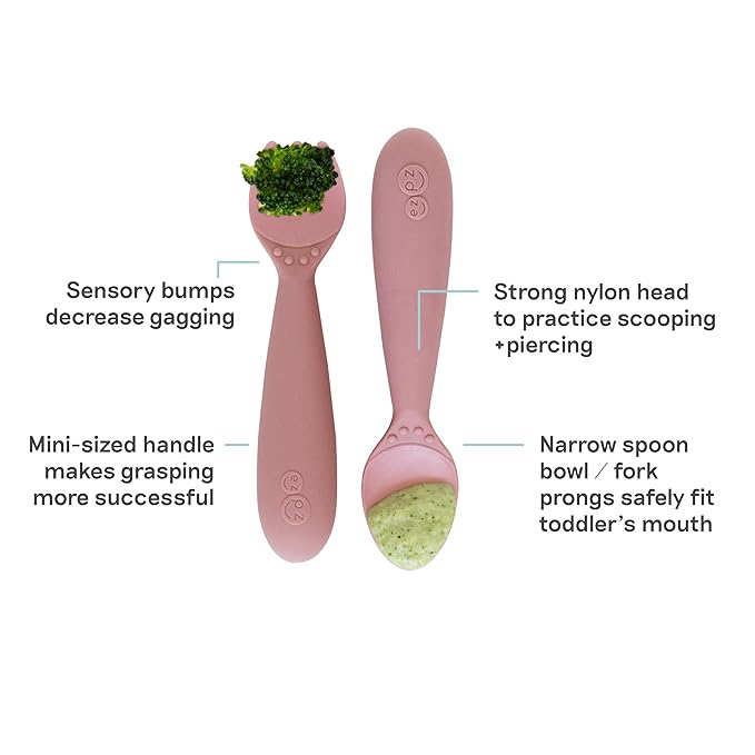 ezpz Mini Utensils - 12 Months+ (Fork & Spoon in Blush) - 100% BPA Free Fork and Spoon - Toddler Utensils - Designed by a Pediatric Feeding Specialist