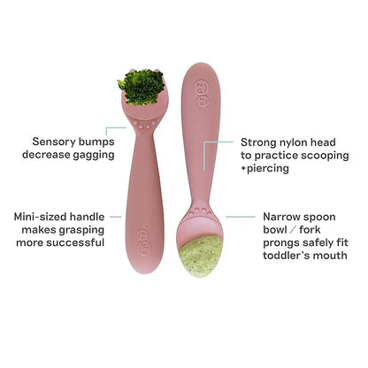 ezpz Mini Utensils - 12 Months+ (Fork & Spoon in Blush) - 100% BPA Free Fork and Spoon - Toddler Utensils - Designed by a Pediatric Feeding Specialist