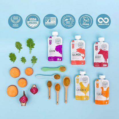 Serenity Kids 6+ Months Baby Food Pouches Puree Made With Ethically Sourced Meats & Organic Veggies | 3.5 Ounce BPA-Free Pouch | Grass Fed Bison, Kabocha Squash, Spinach | 1 Count