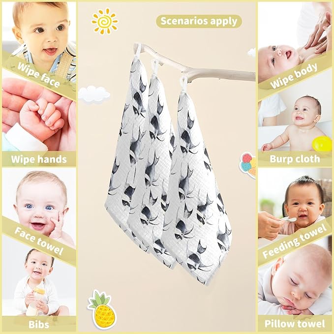 vvfelixl Black and White Angelfish Baby Burp Cloths Baby Muslin Washcloths for Boys Girls Cotton Babys Face Towel for Newborn Infants Soft and Absorbent 11.8 X 11.8 in, 5 Pack