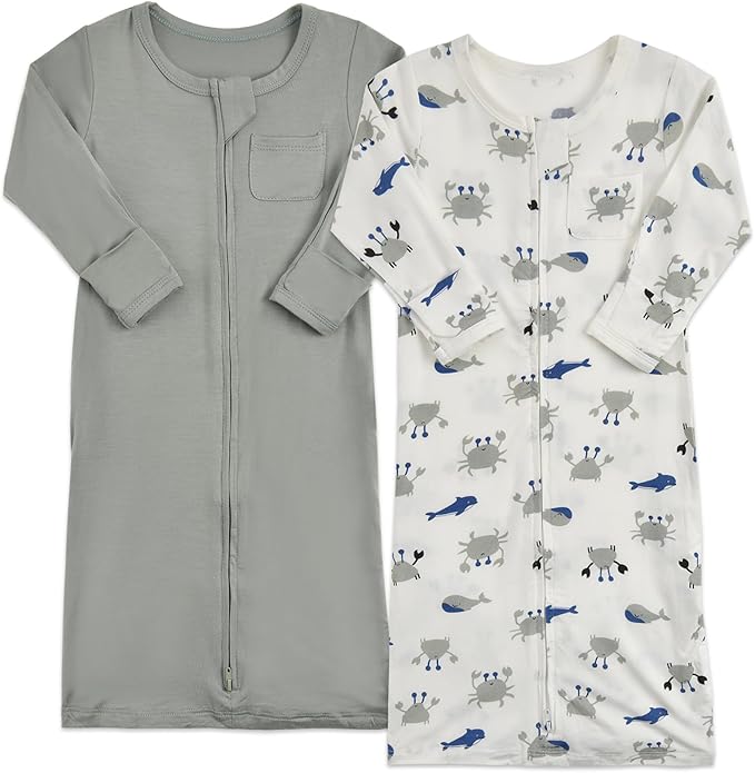 Aablexema Baby Nightgowns Rayon of Bamboo, 2Pcs Newborn Sleeper Gown with 2-way Zipper, Flip Mittens & Foot Cover