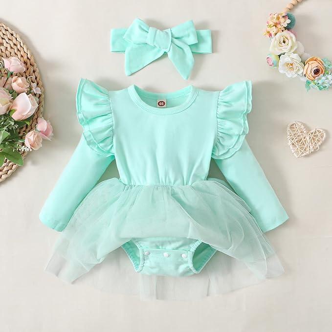 Baby Girl Clothes Infant Ruffle Sleeve Romper Dress Newborn Solid Tutu Skirt Sets Jumpsuit Headband Outfit