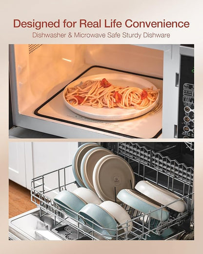 Famiware Milkyway Plates and Bowls Sets, 12 Pieces Dinnerware Sets, Reactive Glaze Dish Set, Stoneware Dishes Set for 4, Matte Beige White & Light Blue