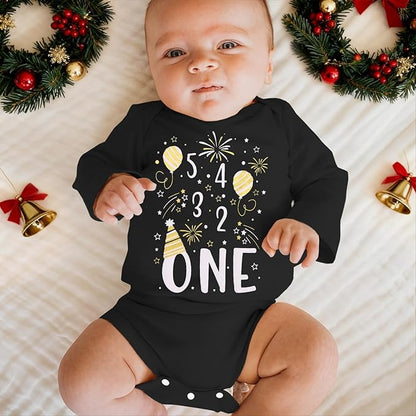 My First New Years Baby Boy Girl Outfit Newborn Long Sleeve Romper Infant Onesie Firework Print Bodysuit Clothes