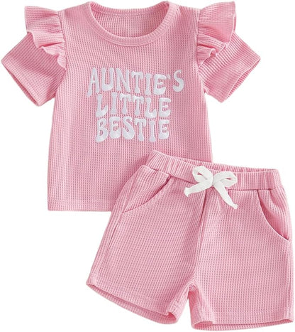 Toddler Baby Girl Summer Clothes Ruffle Waffle T Shirt Tops Shorts Set Auntie's Little Bestie Infant Cute Outfits