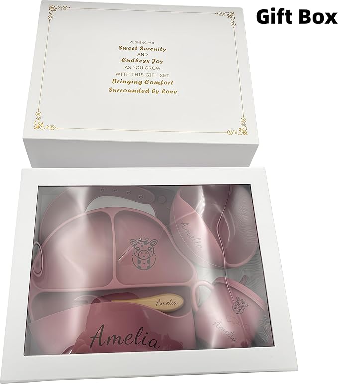 Personalized Name Food Grade 6pcs Baby Feeding Set with Spoon, Fork,Silicone Suction Bowls,Cup,Plate,and bib BPA Free - First Stage Self Feed (Color Muted Deep Pink Y19)