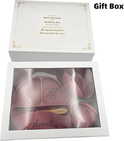 Personalized Name Food Grade 6pcs Baby Feeding Set with Spoon, Fork,Silicone Suction Bowls,Cup,Plate,and bib BPA Free - First Stage Self Feed (Color Muted Deep Pink Y19)