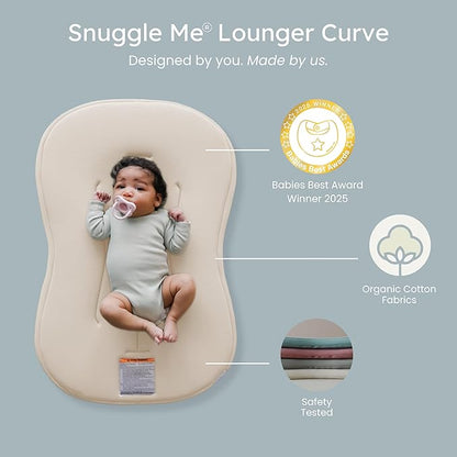 Snuggle Me® Baby Lounger Curve (0-6 Months) - Premium Organic Cotton with Foam Core, Machine-Washable Cover, Buttery-Soft & Breathable Infant Lounger with Travel Bag (30 in x 20 in x 1.9 in) - Natural