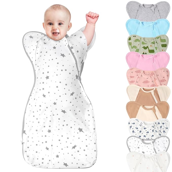 3-Way Wearable Swaddle Blankets Sleep Sacks with Arms Up, Hands Up Sleeping Sack Easy Diaper Changing Sleeping Bag for Baby Boy Girl Newborns Transitions to Arms-Free Calms Startle Reflex