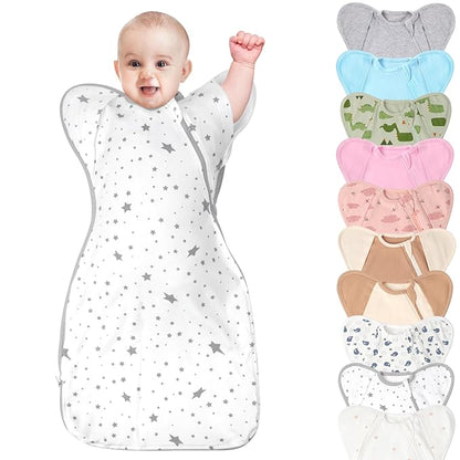 3-Way Wearable Swaddle Blankets Sleep Sacks with Arms Up, Hands Up Sleeping Sack Easy Diaper Changing Sleeping Bag for Baby Boy Girl Newborns Transitions to Arms-Free Calms Startle Reflex