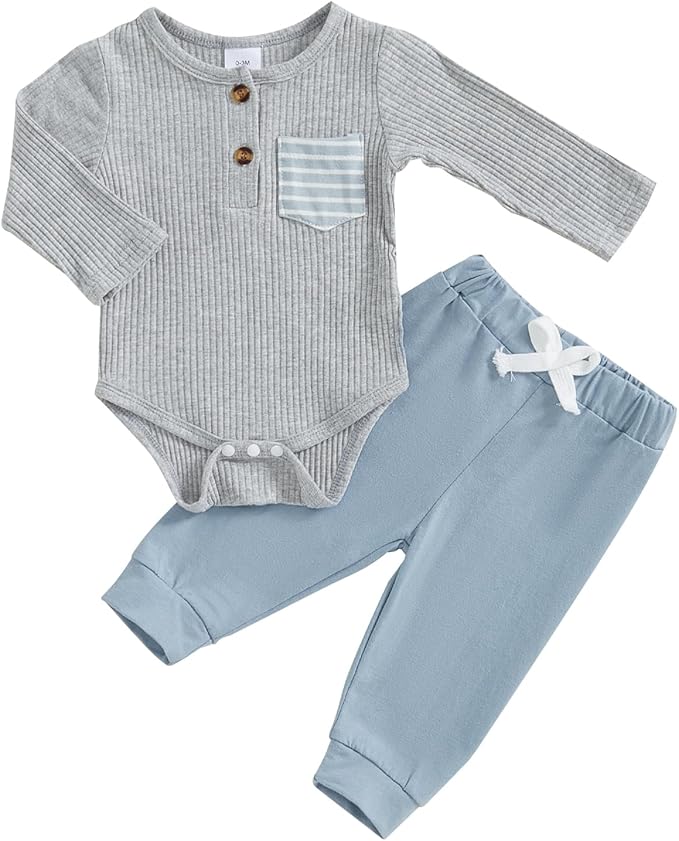 fhutpw Baby Boy Clothes 3 6 12 18 Months Ribbed Knitted Long Sleeve Romper and Pants Sets Newborn Fall Splicing Color Outfits