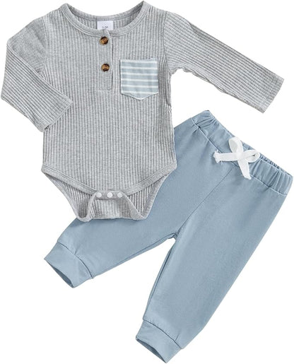 fhutpw Baby Boy Clothes 3 6 12 18 Months Ribbed Knitted Long Sleeve Romper and Pants Sets Newborn Fall Splicing Color Outfits