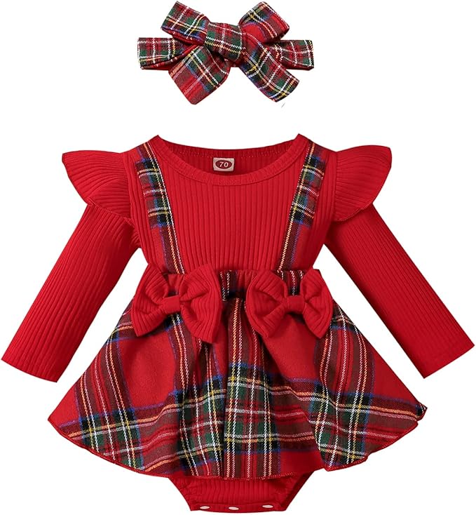 Hnyenmcko Newborn Baby Girl Christmas Clothes Infant Red Plaid Romper Dress Ruffle Long Sleeve Ribbed Bodysuit Headband Set