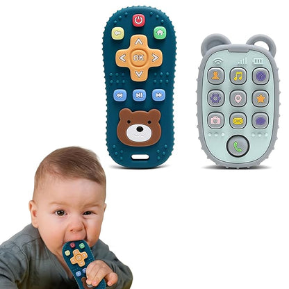 2-Pack Silicone Teethers – Remote Control & Phone Teething Toys with Popper Buttons, BPA-Free, CPC Certified Baby Essentials for Infants & Toddlers (Remote/Phone - Dark Blue/Grey)