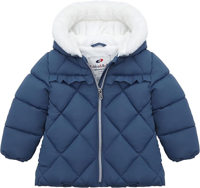 Rokka&Rolla Baby Girls' Water-Resistant Puffer Jacket Hooded Winter Coat with Soft Mini Fur Lining for Newborn Infant Toddler
