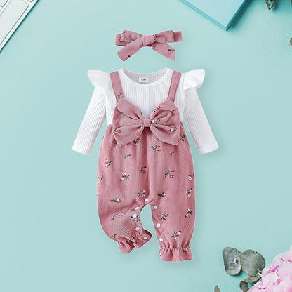 Newborn Baby Girl Clothes Corduroy Floral Bow O Neck Long Sleeve Romper Infant Jumpsuit Cute Outfits Headband
