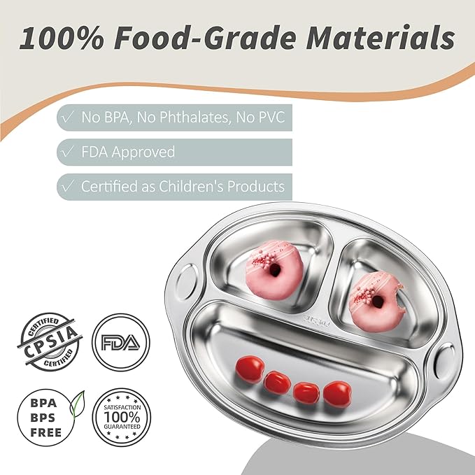 MR. CHOU Stainless Steel Baby Suction Plate, Divided Plates for Babies & Toddlers, 100% Food Grade Kids Plates for Baby Led Weaning, BPA Free Toddler Feeding Supplies, Dishwasher Safe, Gray