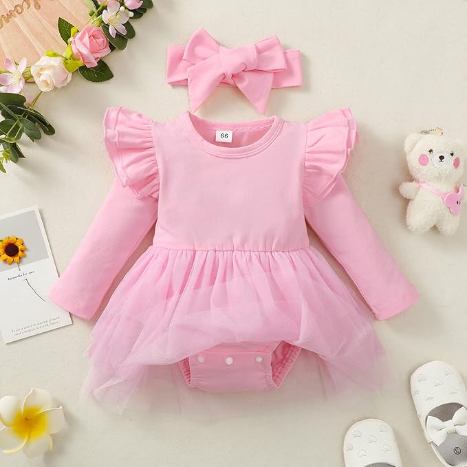 Baby Girl Clothes Infant Ruffle Sleeve Romper Dress Newborn Solid Tutu Skirt Sets Jumpsuit Headband Outfit
