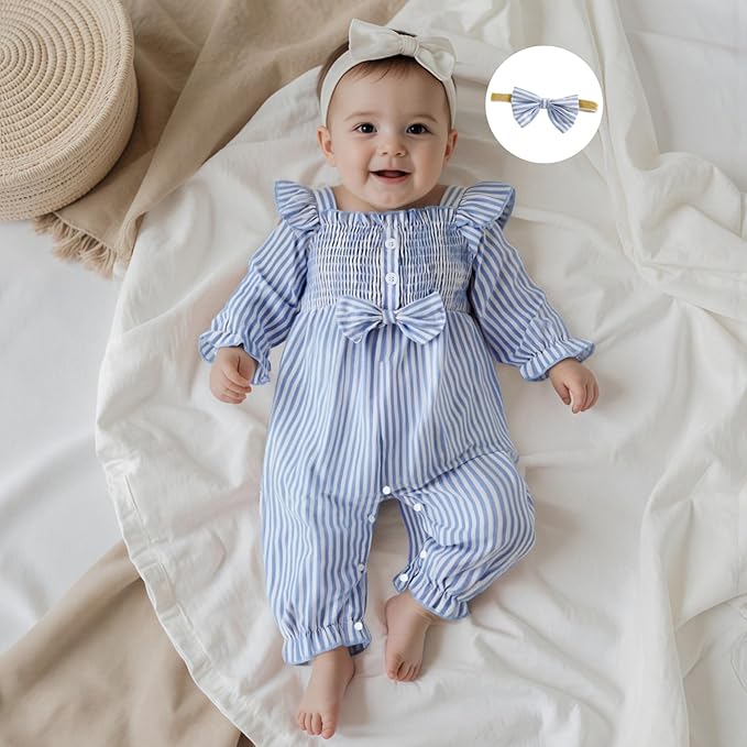 Newborn Infant Smocked Baby Girl Clothes Plaid Bubble Romper Long Leg Bodysuit Bow One-Piece Jumpsuit