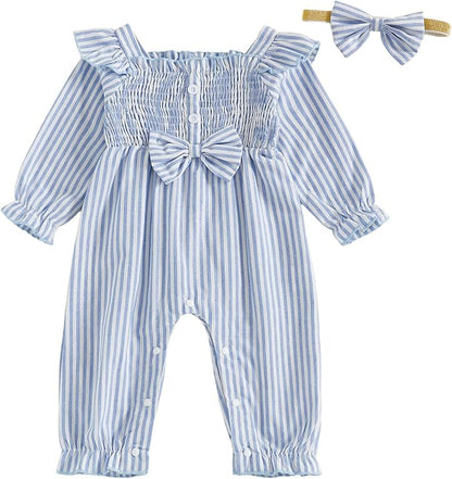 Newborn Infant Smocked Baby Girl Clothes Plaid Bubble Romper Long Leg Bodysuit Bow One-Piece Jumpsuit