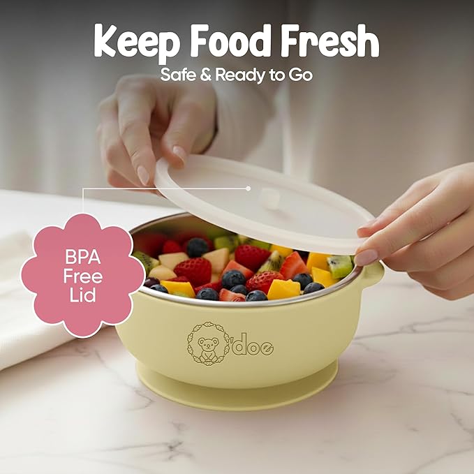 o'doe Baby Bowls with Lids – Stainless Steel Baby Feeding Bowls with Suction | Non-Slip Toddler Bowls for Self Feeding | BPA-Free Kids Bowls for Babys Food & Snacks | Stainless Steel Bowls Kids