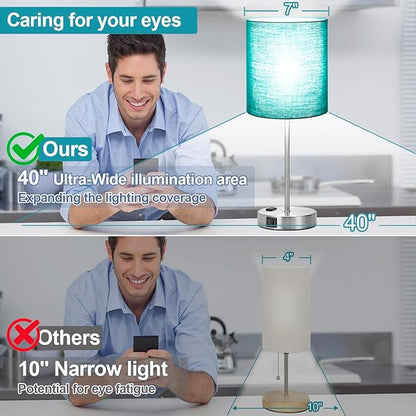 Lynnoland Green Touch Table Lamps Set of 2 with 2 USB & AC Outlet, 3-Way Dimmable Bedside Nightstand Lamps for Bedroom Lamps Living Room Nursery, 800 Lumens 5000K Daylight Bulbs Included