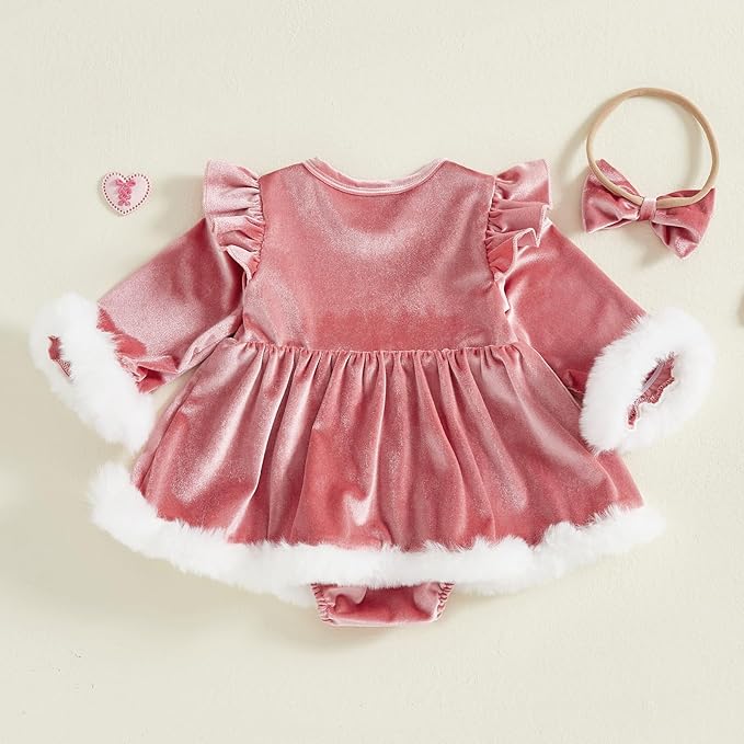 Hnyenmcko Newborn Baby Girl Christmas Clothes Infant Red Plaid Romper Dress Ruffle Long Sleeve Ribbed Bodysuit Headband Set