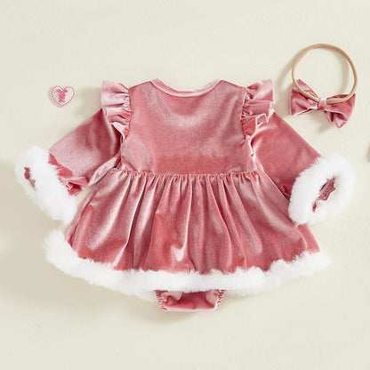 Hnyenmcko Newborn Baby Girl Christmas Clothes Infant Red Plaid Romper Dress Ruffle Long Sleeve Ribbed Bodysuit Headband Set