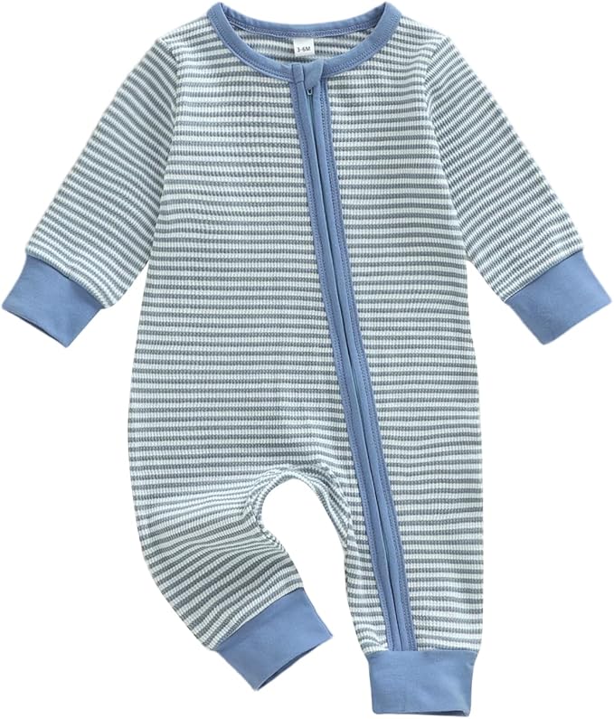 Karuedoo Newborn Infant Baby Boy Clothes Striped Waffle Long Sleeve Zipper Romper Jumpsuit One-Piece Fall Winter Outfit