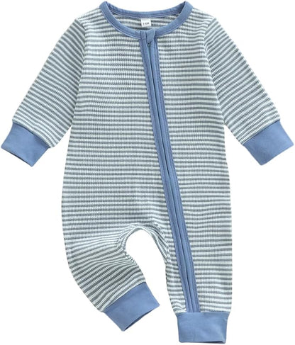 Karuedoo Newborn Infant Baby Boy Clothes Striped Waffle Long Sleeve Zipper Romper Jumpsuit One-Piece Fall Winter Outfit