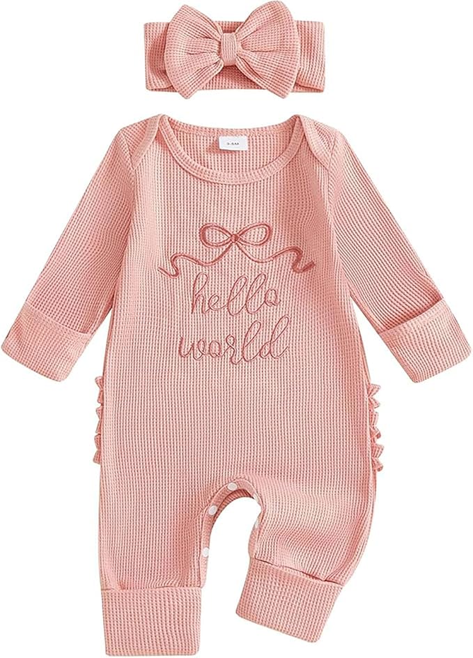 Newborn Baby Girl Clothes Long Sleeve Crew Neck Letter Embroidery One Piece Romper Jumpsuit Infant Fall Winter Outfit