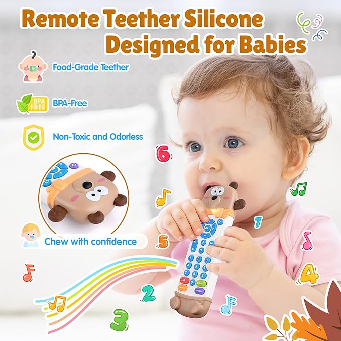 Baby Remote Control Toy with Silicone Teether, Realistic Lights & Sounds, 3 Languages (English, Spanish & French), Baby Musical Toys Gifts for Boys Girls 6 Month+