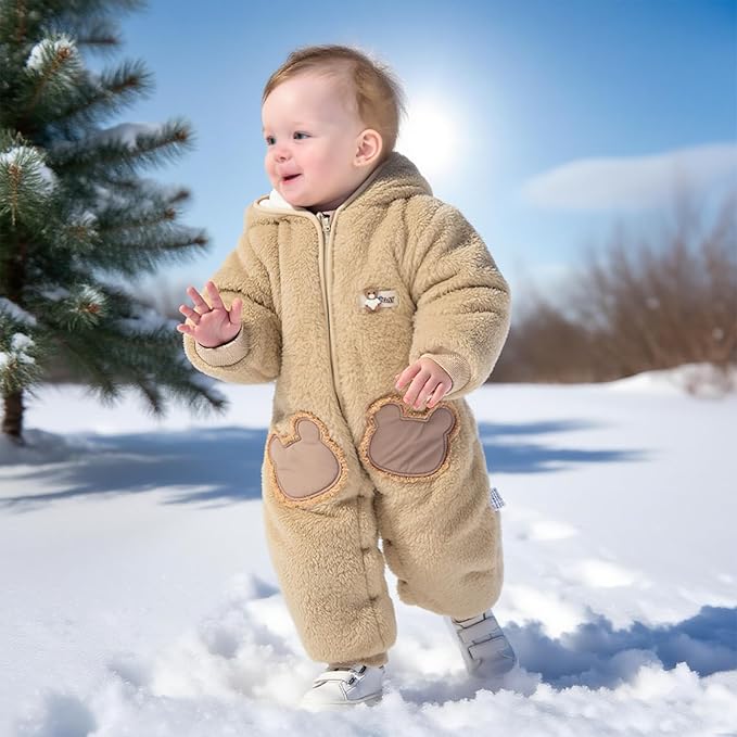JiAmy Baby Fleece Snowsuit Newborn Hooded Winter Outfits Infant Boys Girls Hooded Zipper Jumpsuit Romper