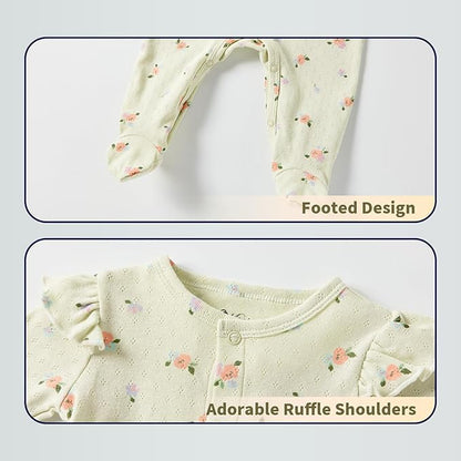 Baby Girls Ruffled Sleeve Footed Romper - 100% Cotton Snap Closure Jumpsuit with Small Pocket