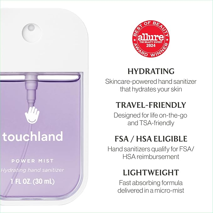 Touchland Hydrating Hand Sanitizer Spray, BLOSSOM 5 Set (Lavender, Vanilla, Rainwater, Peach, Applelicious), 1 FL. OZ. Travel Size Power Mist Sprays (Set of 5)
