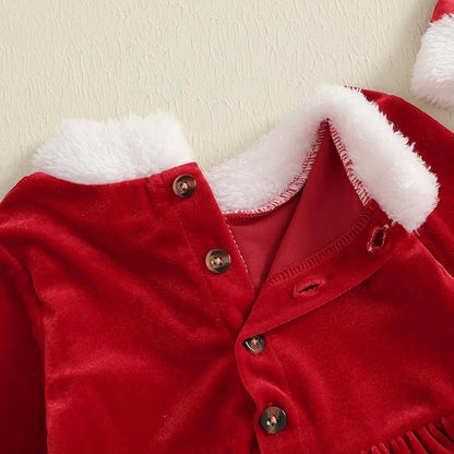 Newborn Christmas Outfit Baby Girl Plaid Romper Dress Infant Ruffle Long Sleeve Ribbed Bodysuit Headband Clothes