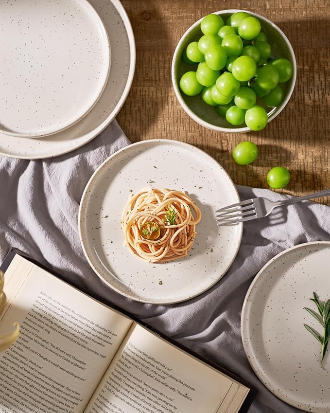 Famiware Meteor Plates and Bowls Sets, 24-Piece Stoneware Dinnerware Sets, Dishes Set for 8, Microwave and Dishwasher Safe Tableware, Creamy White