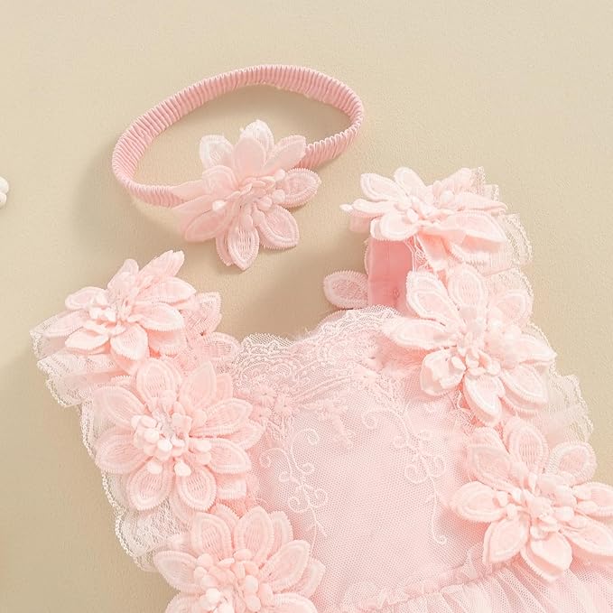 Infant Baby Girl Lace Romper Baby Tulle Dress Romper Flowers Bodysuit Spring Summer Festival Clothes with Headband