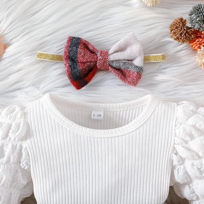 Toddler Baby Girl Plaid Dress Puff Sleeve Bow Patchwork Ribbed Shirts Dress Plaid Fall Winter Outfits with Headband