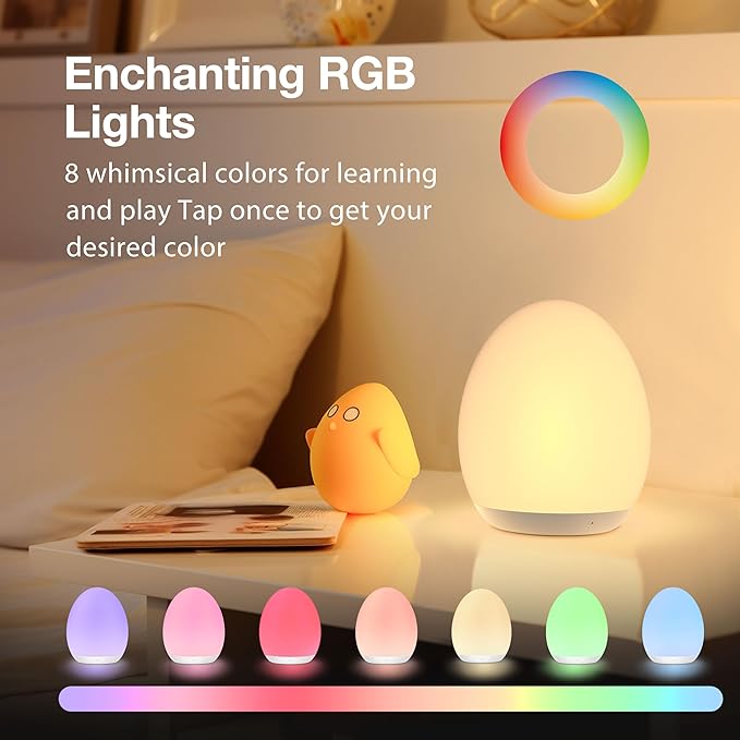JolyWell Night Light for Kids, Baby Egg Light with 7 Colors Changing Mode & Stepless Dimming, Nursery Night Lamp BPA Free,Rechargeable Egg Night Light for Breastfeeding 1h Timer & Touch Control, Wood