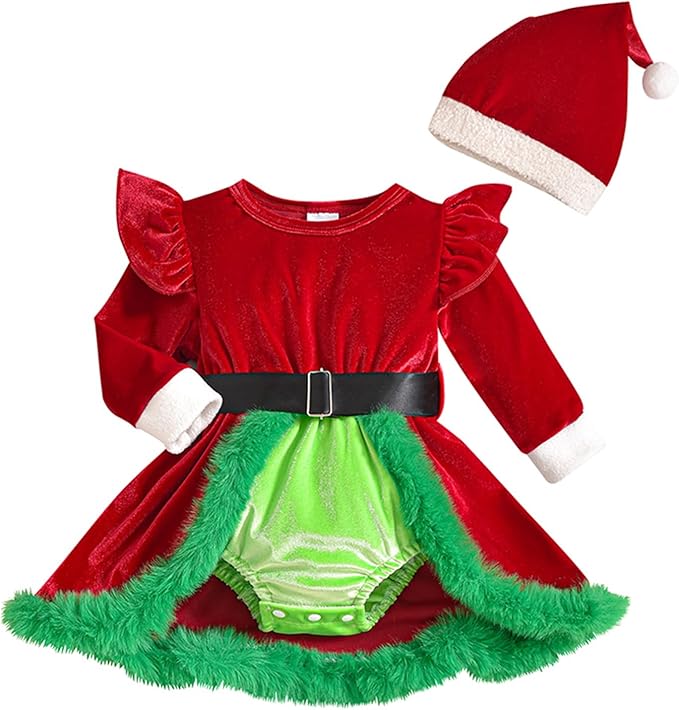 Newborn Infant Baby Girl Christmas Clothes Santa Claus Romper Dress Fur Trim Velvet Jumpsuit Bodysuit Hat Costume