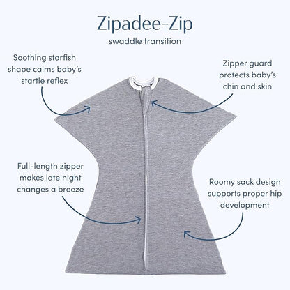 SleepingBaby Zipadee-Zip Transition Swaddle - Cozy Baby Swaddle Blanket with Zipper Convenience - Roomy Wearable Blanket for Easy Diaper Changes - Heather Grey, Small (4-8 Month)
