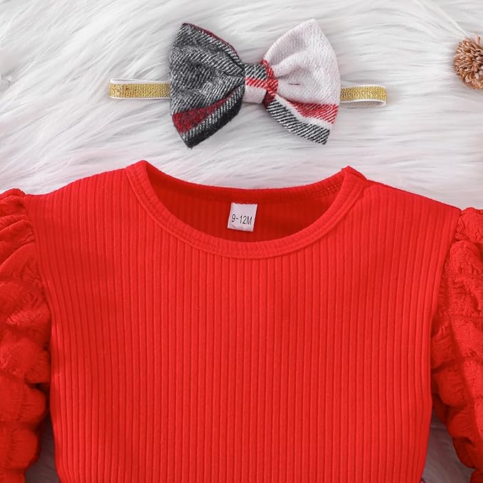 Toddler Baby Girl Plaid Dress Puff Sleeve Bow Patchwork Ribbed Shirts Dress Plaid Fall Winter Outfits with Headband