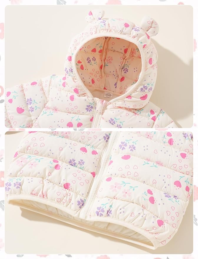 Happy Cherry Infant Baby Cute Cartoon Prints Winter Jacket Bear Ear Hood Warm Puffer Coat 6M-4T