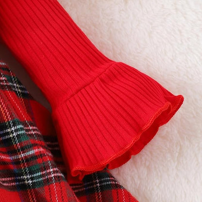Newborn Christmas Outfit Baby Girl Plaid Romper Dress Infant Ruffle Long Sleeve Ribbed Bodysuit Headband Clothes